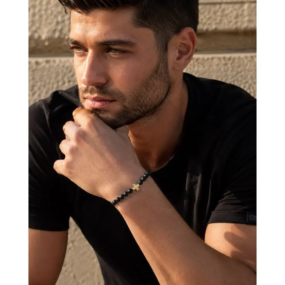 Andrew Christian Gold Cross Black Bead Stretch Bracelet — OS